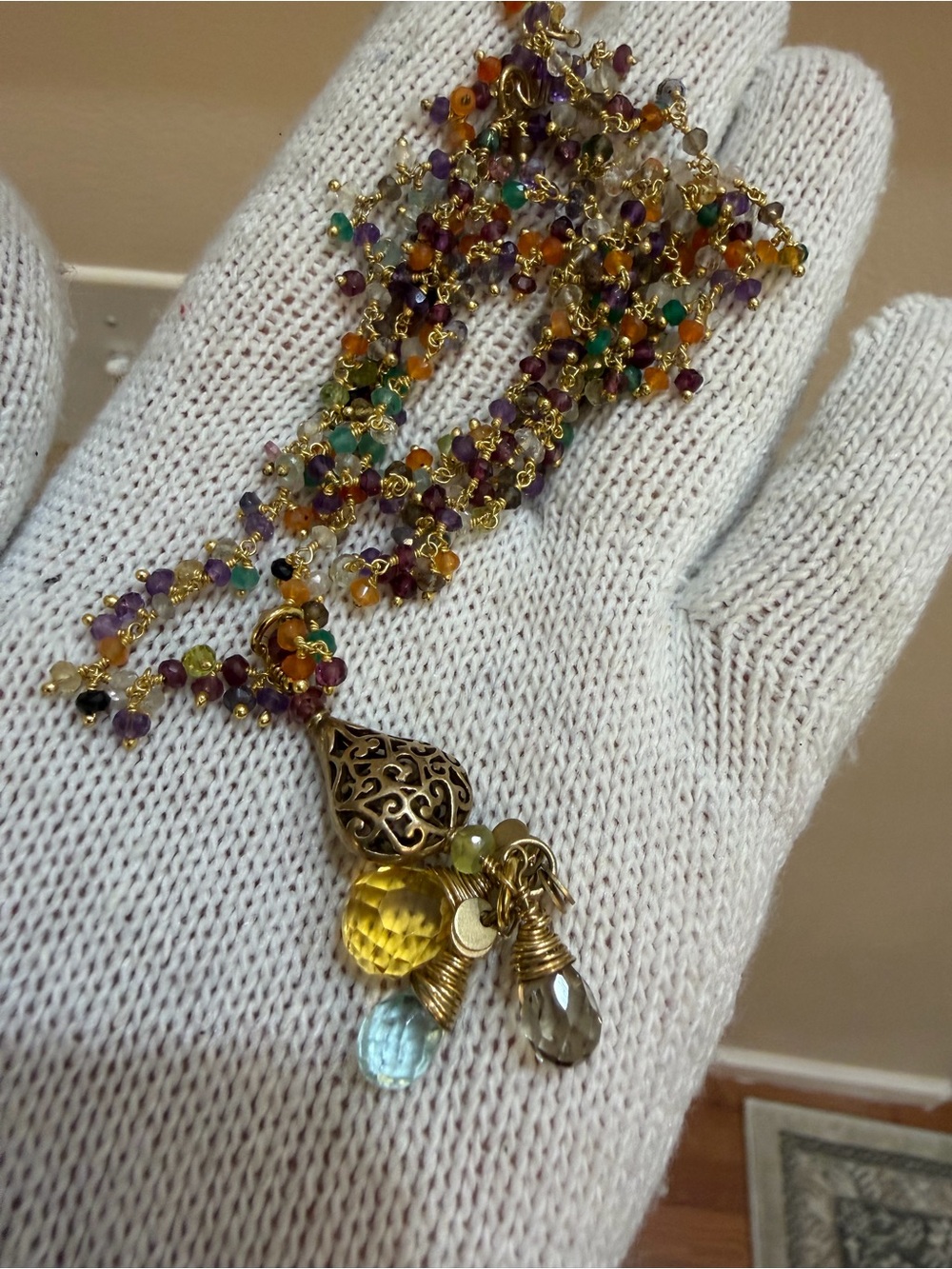 Artisan Multi-Gemstone Cluster Statement Necklace Gold Vermeil 925 Silver 18.6g